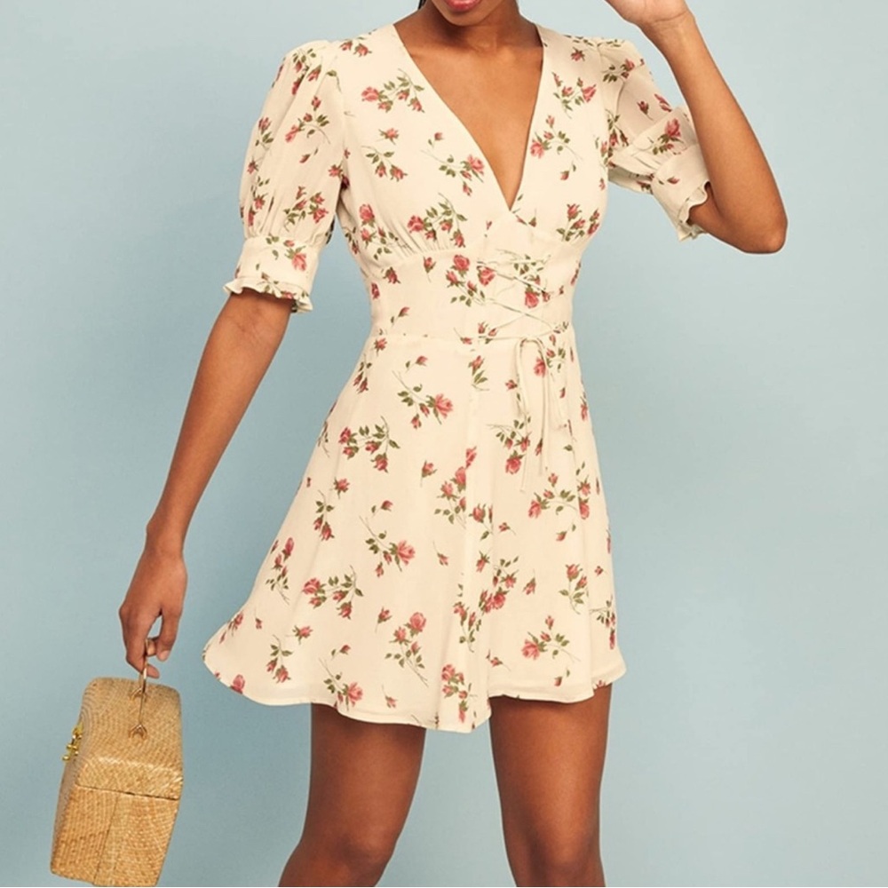 Reformation Cream and Pink Floral Mini Dress. Size 2.